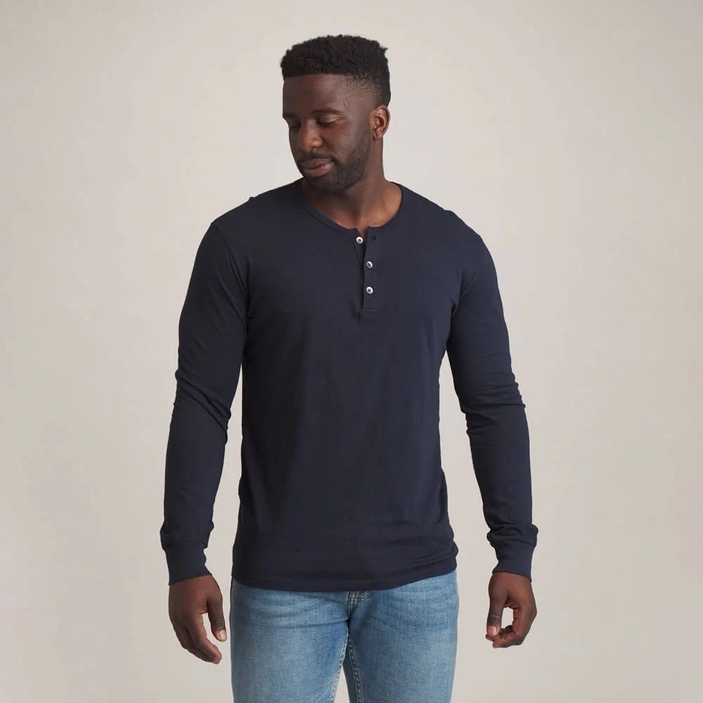 Hnly Venice Henley Size Small Long Sleeve Shirt Navy Blue 100% Organic Cotton